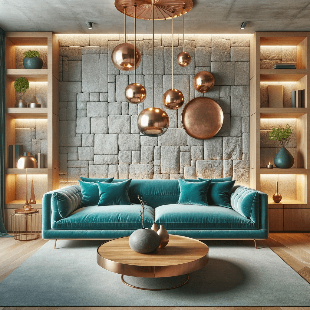 DALL·E 2023-11-06 19.49.58 - An elegant and modern living room with natural stone walls, a turquoise velvet sofa, floating oak wood shelves, and soft lighting emanating from coppe